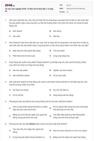 25 câu Trắc nghiệm KTPL 10 Kết nối tri thức Bài 7 có đáp án