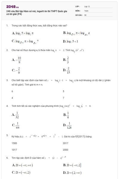 240 câu Bài tập Hàm số mũ, logarit ôn thi THPT Quốc gia có lời giải (P4)
