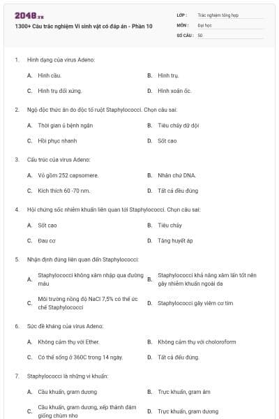 1300+ Câu trắc nghiệm Vi sinh vật có đáp án - Phần 10