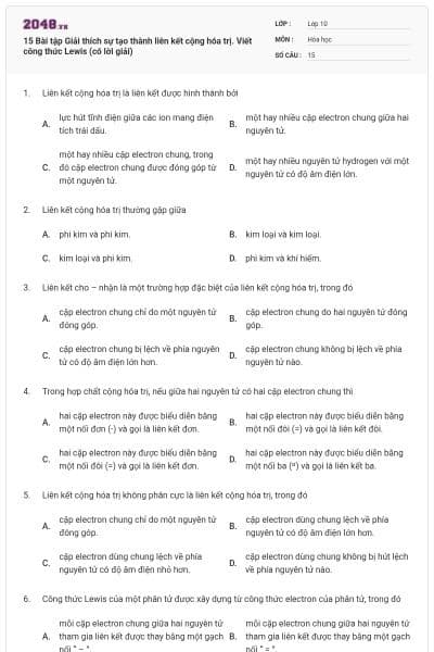 15 Bài tập Giải thích sự tạo thành liên kết cộng hóa trị. Viết công thức Lewis (có lời giải)