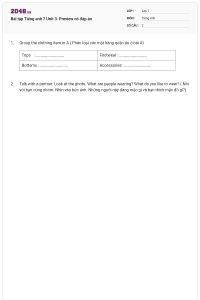 Bài tập Tiếng anh 7 Unit 3. Preview có đáp án