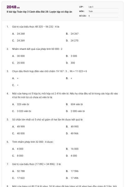 8 bài tập Toán lớp 3 Cánh diều Bài 28: Luyện tập có đáp án