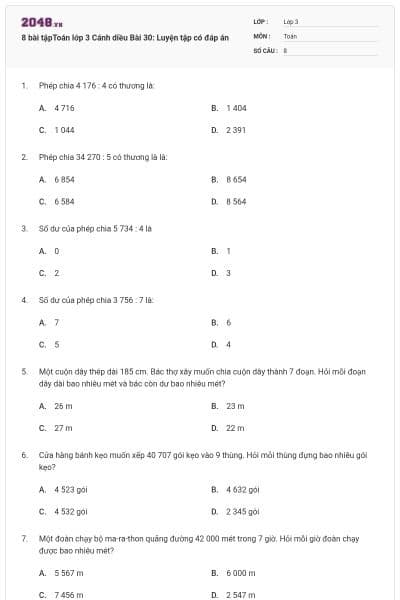 8 bài tậpToán lớp 3 Cánh diều Bài 30: Luyện tập có đáp án