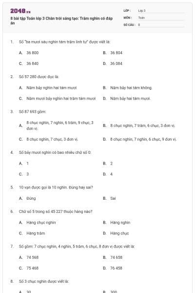 8 bài tập Toán lớp 3 Chân trời sáng tạo: Trăm nghìn có đáp án