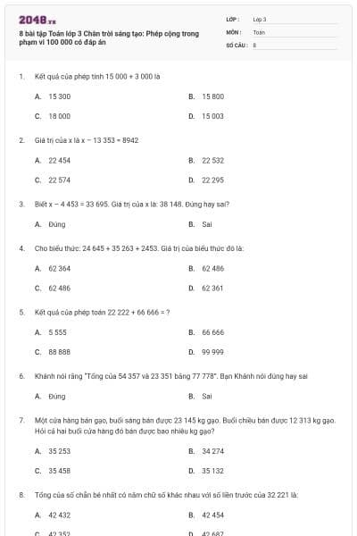 8 bài tập Toán lớp 3 Chân trời sáng tạo: Phép cộng trong phạm vi 100 000 có đáp án