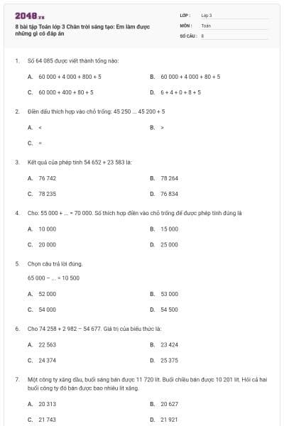 8 bài tập Toán lớp 3 Chân trời sáng tạo: Em làm được những gì có đáp án