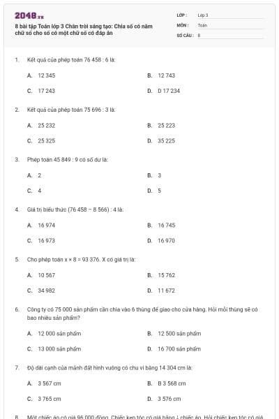 8 bài tập Toán lớp 3 Chân trời sáng tạo: Chia số có năm chữ số cho số có một chữ số có đáp án