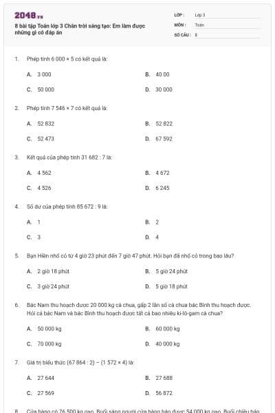 8 bài tập Toán lớp 3 Chân trời sáng tạo: Em làm được những gì có đáp án