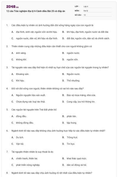 12 câu Trắc nghiệm Địa lý 6 Cánh diều Bài 25 có đáp án