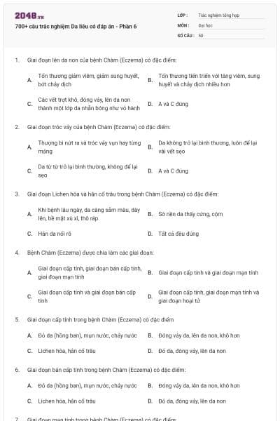 700+ câu trắc nghiệm Da liễu có đáp án - Phần 6