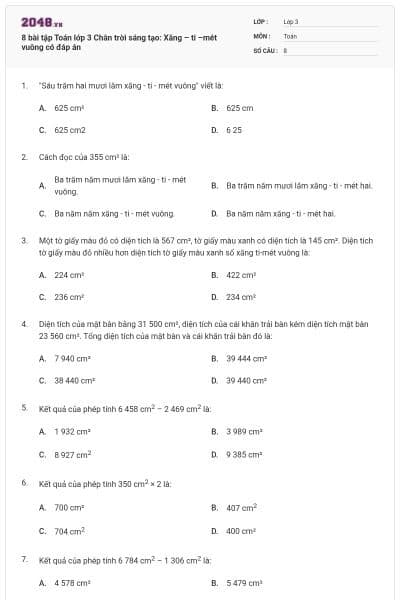 8 bài tập Toán lớp 3 Chân trời sáng tạo: Xăng – ti –mét vuông có đáp án