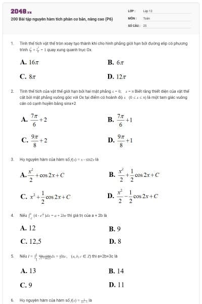 200 Bài tập nguyên hàm tích phân cơ bản, nâng cao (P6)