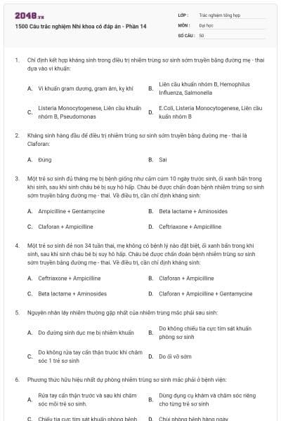 1500 Câu trắc nghiệm Nhi khoa có đáp án - Phần 14