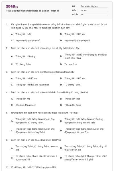 1500 Câu trắc nghiệm Nhi khoa có đáp án - Phần 15