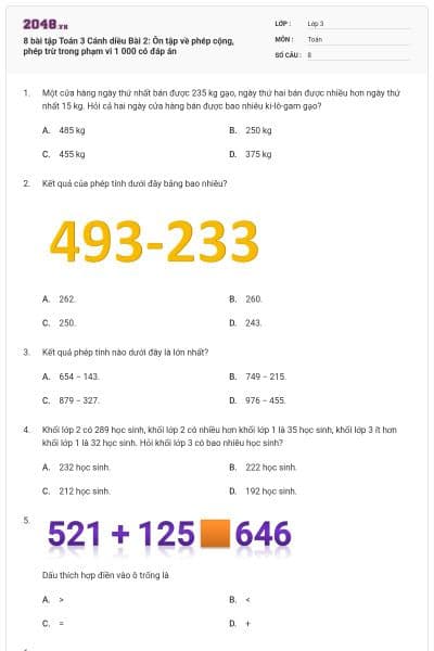 8 bài tập Toán 3 Cánh diều Bài 2: Ôn tập về phép cộng, phép trừ trong phạm vi 1 000 có đáp án