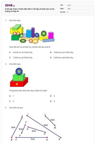 8 bài tập Toán 3 Cánh diều Bài 3: Ôn tập về hình học và đo lường có đáp án