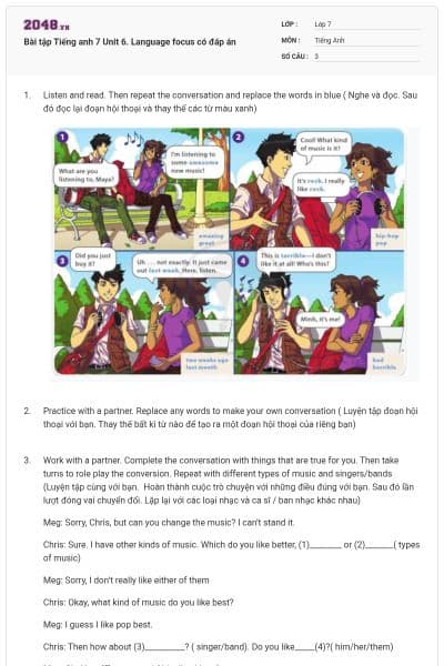 Bài tập Tiếng anh 7 Unit 6. Language focus có đáp án