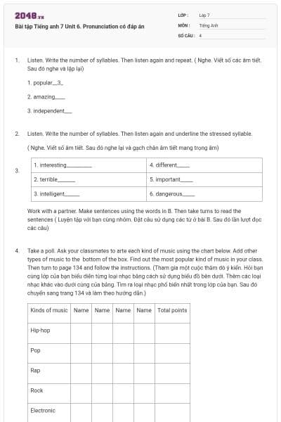 Bài tập Tiếng anh 7 Unit 6. Pronunciation có đáp án