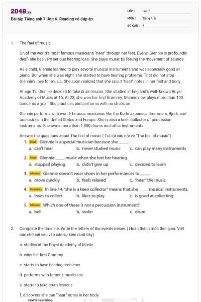 Bài tập Tiếng anh 7 Unit 6. Reading có đáp án