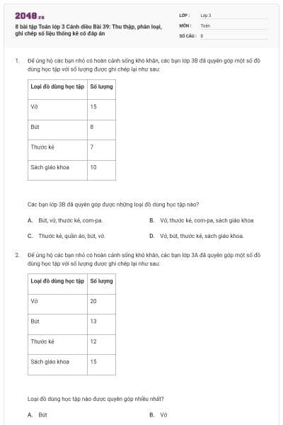 8 bài tập Toán lớp 3 Cánh diều Bài 39: Thu thập, phân loại, ghi chép số liệu thống kê có đáp án