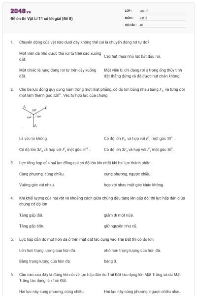 Đề ôn thi Vật Lí 11 có lời giải (Đề 8)