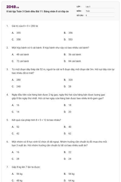 8 bài tập Toán 3 Cánh diều Bài 11: Bảng nhân 8 có đáp án