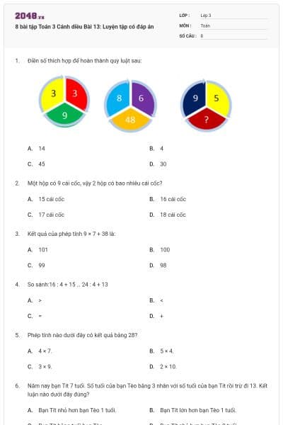 8 bài tập Toán 3 Cánh diều Bài 13: Luyện tập có đáp án