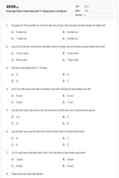 8 bài tập Toán 3 Cánh diều Bài 17: Bảng chia 3 có đáp án