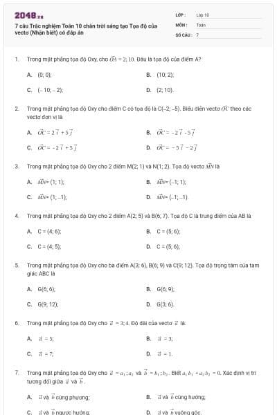 7 câu Trắc nghiệm Toán 10 chân trời sáng tạo Tọa độ của vectơ (Nhận biết) có đáp án