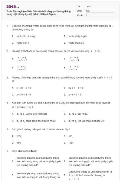 7 câu Trắc nghiệm Toán 10 chân trời sáng tạo Đường thẳng trong mặt phẳng tọa độ (Nhận biết) có đáp án
