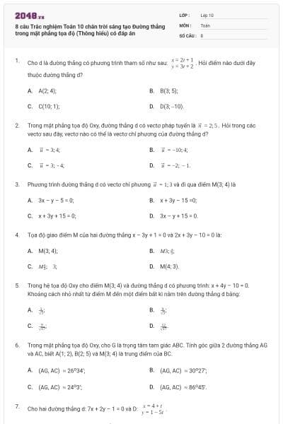 8 câu Trắc nghiệm Toán 10 chân trời sáng tạo Đường thẳng trong mặt phẳng tọa độ (Thông hiểu) có đáp án