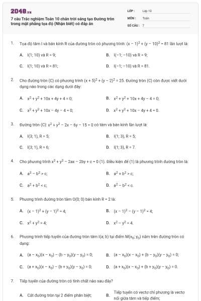 7 câu Trắc nghiệm Toán 10 chân trời sáng tạo Đường tròn trong mặt phẳng tọa độ (Nhận biết) có đáp án