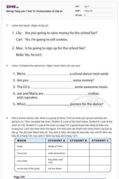 Bài tập Tiếng anh 7 Unit 12. Pronunciation có đáp án