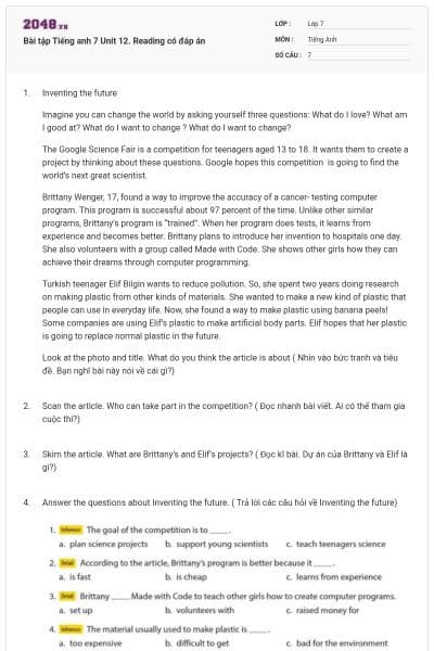 Bài tập Tiếng anh 7 Unit 12. Reading có đáp án