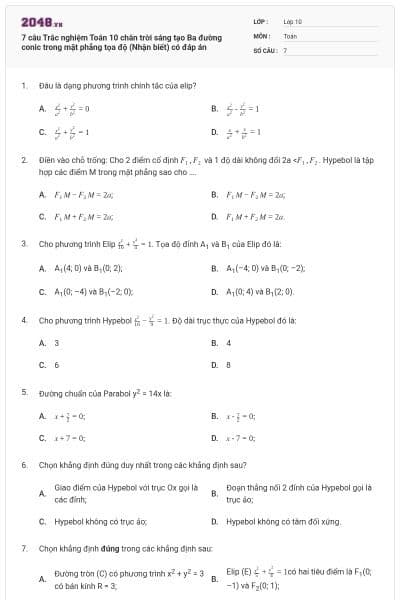 7 câu Trắc nghiệm Toán 10 chân trời sáng tạo Ba đường conic trong mặt phẳng tọa độ (Nhận biết) có đáp án