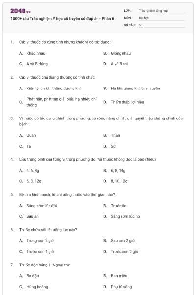 1000+ câu Trắc nghiệm Y học cổ truyền có đáp án - Phần 6