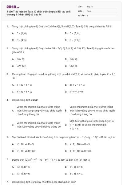 8 câu Trắc nghiệm Toán 10 chân trời sáng tạo Bài tập cuối chương 9 (Nhận biết) có đáp án