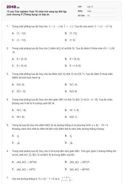 15 câu Trắc nghiệm Toán 10 chân trời sáng tạo Bài tập cuối chương 9 (Thông dụng) có đáp án