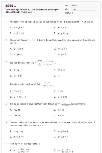 8 câu Trắc nghiệm Toán 10 Cánh diều Hàm số và đồ thị có đáp án (Phần 2) (Thông hiểu)
