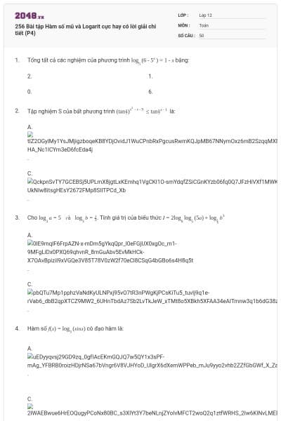 256 Bài tập Hàm số mũ và Logarit cực hay có lời giải chi tiết (P4)