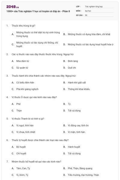 1000+ câu Trắc nghiệm Y học cổ truyền có đáp án - Phần 8