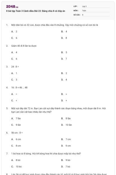 8 bài tập Toán 3 Cánh diều Bài 22: Bảng chia 8 có đáp án