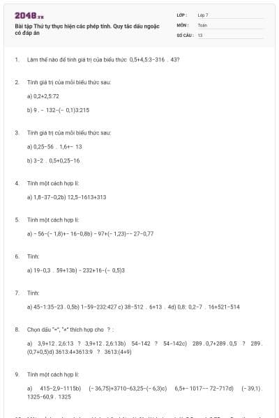 Bài tập Thứ tự thực hiện các phép tính. Quy tắc dấu ngoặc có đáp án