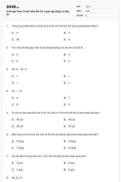 8 bài tập Toán 3 Cánh diều Bài 25: Luyện tập (tiếp) có đáp án