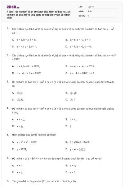 7 câu Trắc nghiệm Toán 10 Cánh diều Hàm số bậc hai. Đồ thị hàm số bậc hai và ứng dụng có đáp án (Phần 2) (Nhận biết)