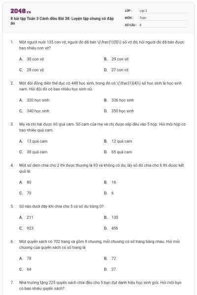 8 bài tập Toán 3 Cánh diều Bài 38: Luyện tập chung có đáp án