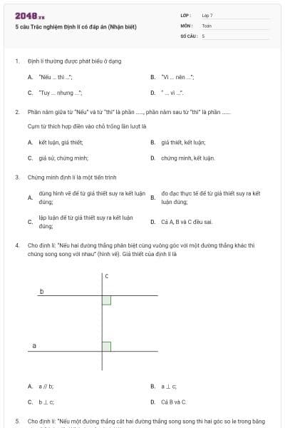 5 câu Trắc nghiệm Định lí có đáp án (Nhận biết)