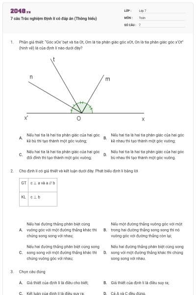 7 câu Trắc nghiệm Định lí có đáp án (Thông hiểu)