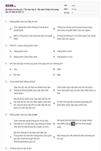 Đề kiểm tra Học kì 1 Tin học lớp 3 - Bộ sách Chân trời sáng tạo có đáp án (Đề 1)