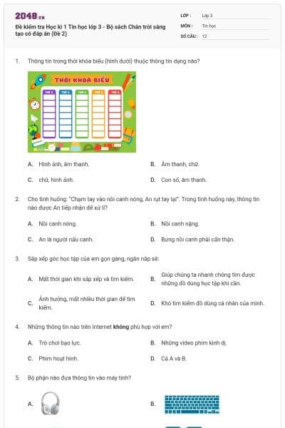 Đề kiểm tra Học kì 1 Tin học lớp 3 - Bộ sách Chân trời sáng tạo có đáp án (Đề 2)